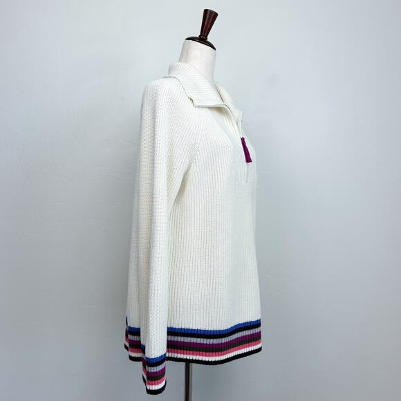 Talbots Cream Stripe Sweater Knit Fold-Over Collar Quarter-Zip Pullover - Picture 5 of 8